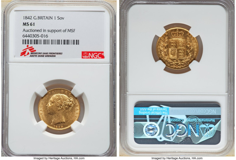 Victoria gold Sovereign 1842 MS61 NGC, KM736.1, S-3852. Closed 2 type. Some soft...