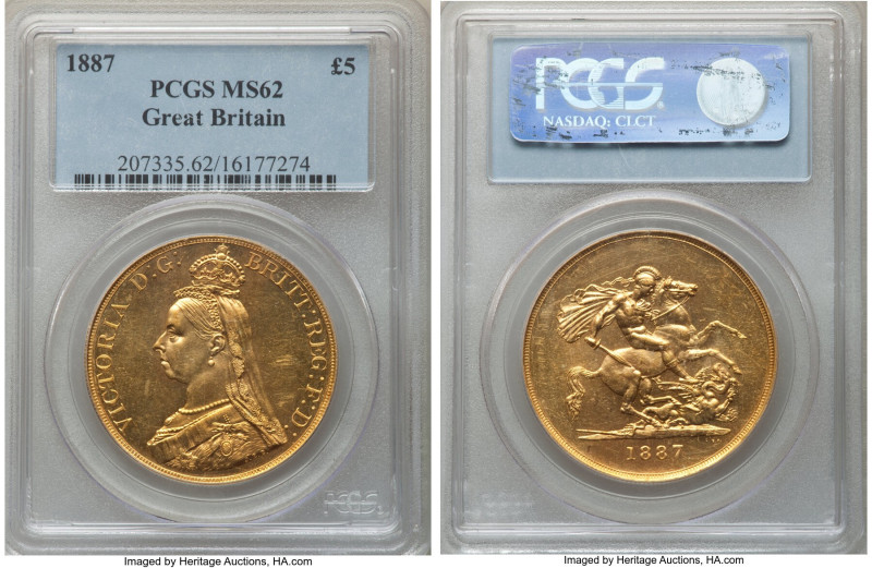 Victoria gold 5 Pounds 1887 MS62 PCGS, KM769, S-3864. A Mint State piece with Pr...