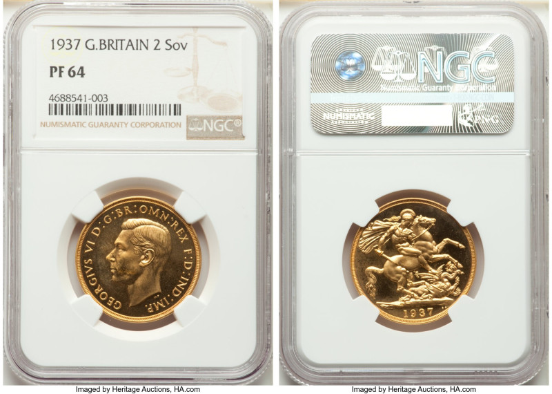 George VI gold Proof 2 Pounds 1937 PR64 NGC, KM860, S-4075. Pondlike fields rein...