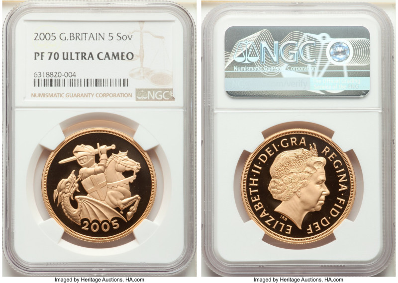 Elizabeth II gold Proof 5 Pounds 2005 PR70 Ultra Cameo NGC, KM1067, S-SE10. Mint...