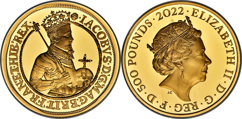 Elizabeth II gold Proof "King James I" 500 Pounds (5 oz) 2022 PR70 Ultra Cameo N...