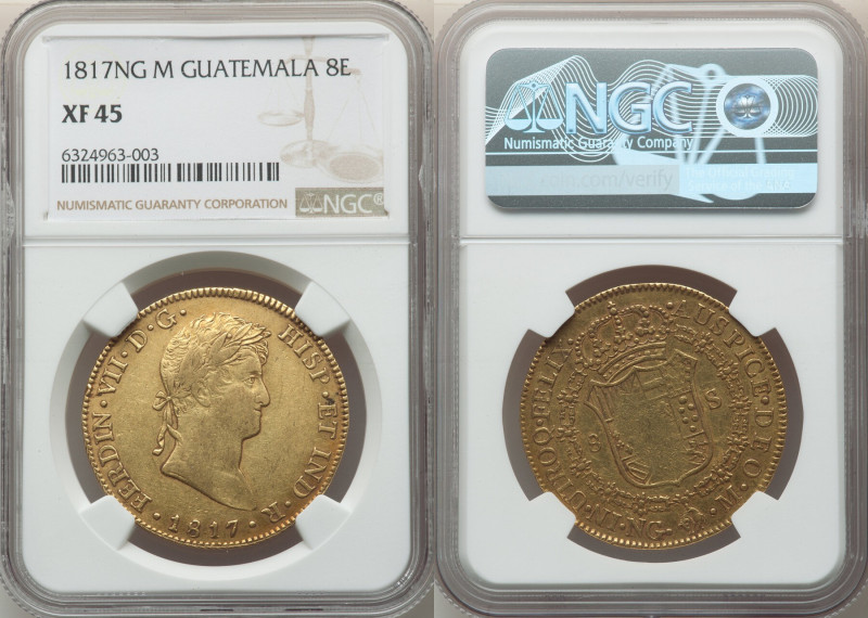 Ferdinand VII gold 8 Escudos 1817 NG-M XF45 NGC, Nueva Guatemala mint, KM71, Cal...