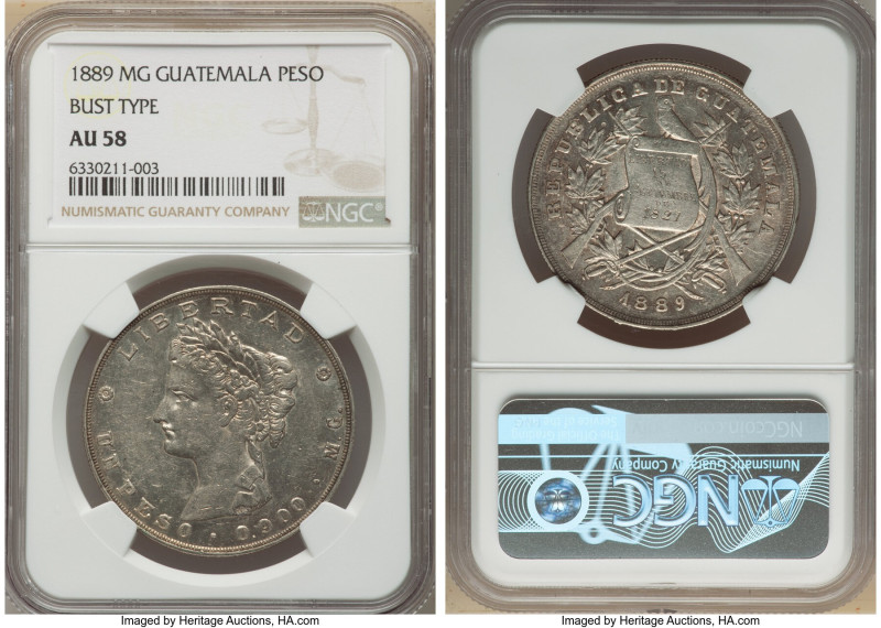 Republic Peso 1889-MG AU58 NGC, Nueva Guatemala mint, KM208, Elizondo-132. Minta...