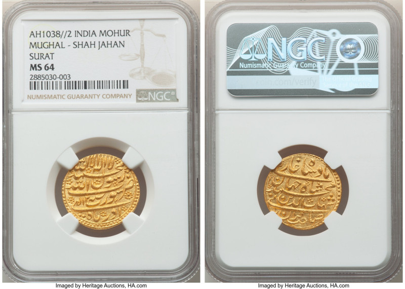 Mughal Empire. Shah Jahan gold Mohur AH 1038 Year 2 (1628/1629) MS64 NGC, Surat ...