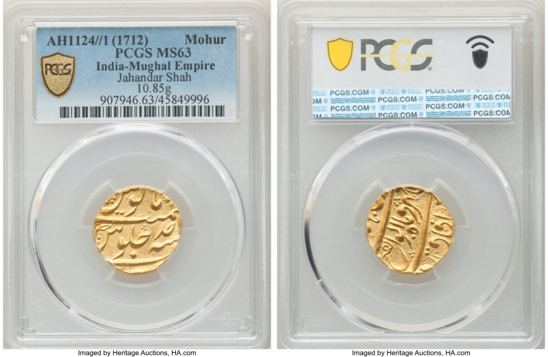 Mughal Empire. Jahandar Shah gold Mohur AH 1124 Year 1 (1712-1713) MS63 PCGS, Ba...