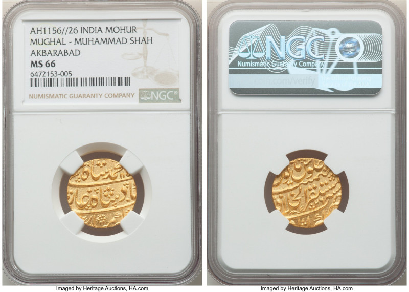 Mughal Empire. Muhammad Shah gold Mohur AH 1156 Year 26 (1743/1744) MS66 NGC, Ak...