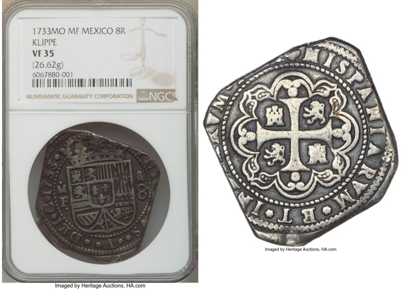 Philip V Klippe Cob 8 Reales 1733 Mo-MF VF35 NGC, Mexico City mint, KM48, Cal-14...