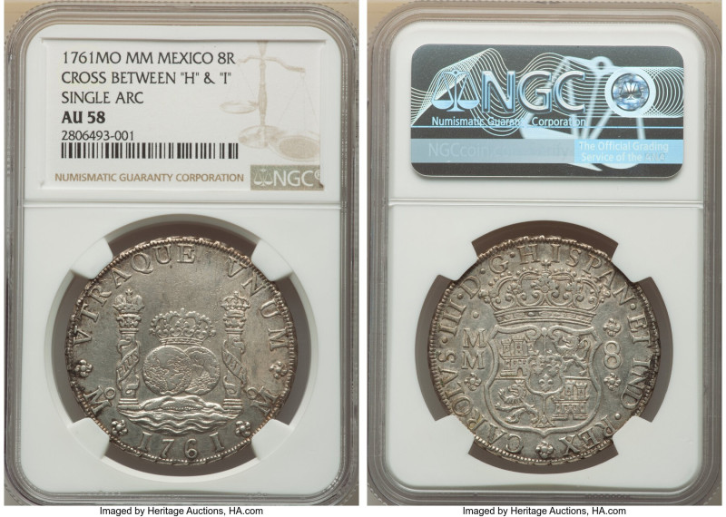 Charles III 8 Reales 1761 Mo-MM AU58 NGC, Mexico City mint, KM105, Cal-1075. Var...