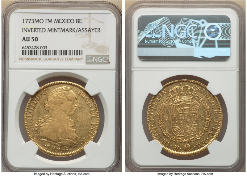 Charles III gold 8 Escudos 1773 Mo-FM AU50 NGC, Mexico City mint, KM156.2, Cal-2...