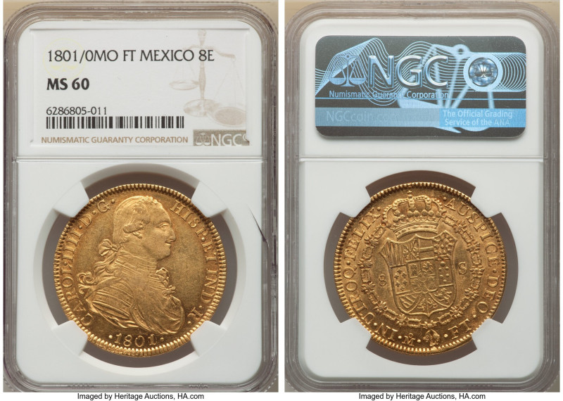 Charles IV gold 8 Escudos 1801/0 Mo-FT MS60 NGC, Mexico City mint, KM159, Cal-16...