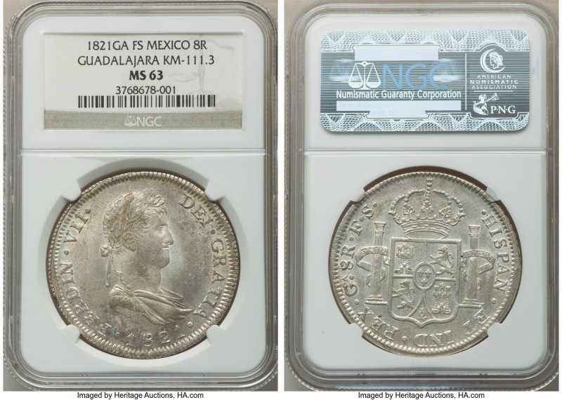 Ferdinand VII "Royalist" 8 Reales 1821 GA-FS MS63 NGC, Guadalajara mint, KM111.3...