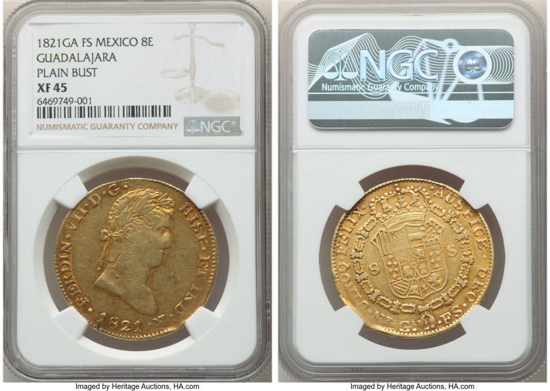 Ferdinand VII gold 8 Escudos 1821 GA-FS XF45 NGC, Guadalajara mint, KM161.1, Cal...