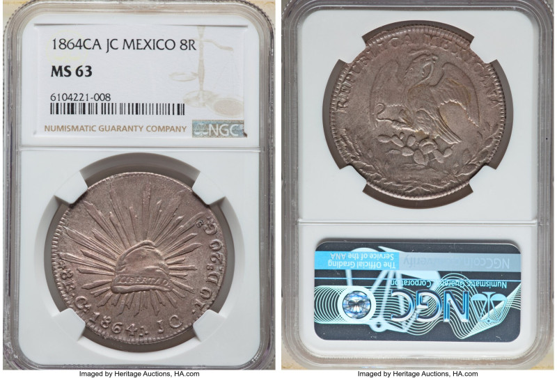 Republic 8 Reales 1864 Ca-JC MS63 NGC, Chihuahua mint, KM377.2, DP-Ca37. This Ch...