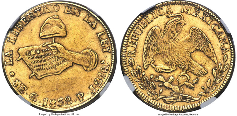 Republic gold 8 Escudos 1838 Go-PJ AU58 NGC, Guanajuato mint, KM383.7, Onza-1940...