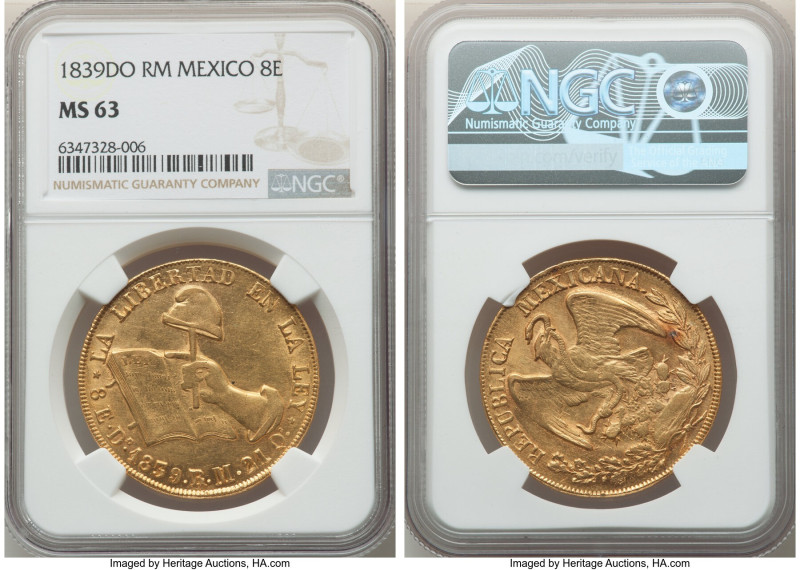 Republic gold 8 Escudos 1839 Do-RM MS63 NGC, Durango mint, KM383.3, Fr-68. This ...