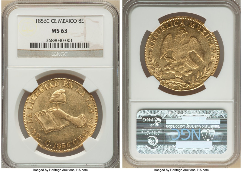 Republic gold 8 Escudos 1856 C-CE MS63 NGC, Culiacan mint, KM383.2, Fr-66. One o...