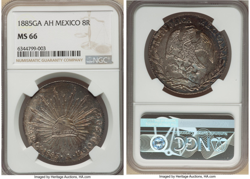 Republic 8 Reales 1885 Ga-AH MS66 NGC, Guadalajara mint, KM377.6, DP-Ga70. NGC's...