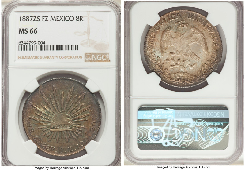 Republic 8 Reales 1887 Zs-FZ MS66 NGC, Zacatecas mint, KM377.13, DP-Zs73. Tied f...