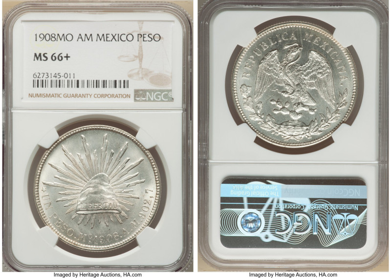 Republic Peso 1908 Mo-AM MS66+ NGC, Mexico City mint, KM409.2, Elizondo-1042. Si...