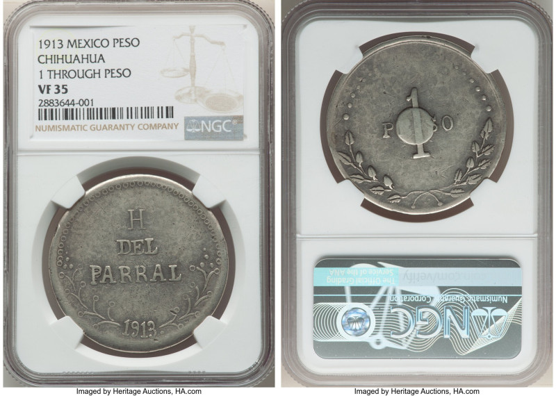 Chihuahua. Revolutionary "Bolita" Peso 1913 VF35 NGC, KM610, GB-78. 1 through Pe...