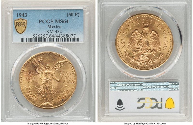 Estados Unidos gold 50 Pesos 1943-Mo MS64 PCGS, Mexico City mint, KM482, Fr-173....