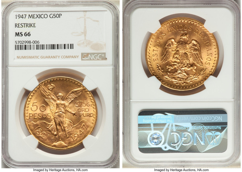 Estados Unidos gold Restrike 50 Pesos 1947 MS66 NGC, Mexico City mint, KM481, Fr...