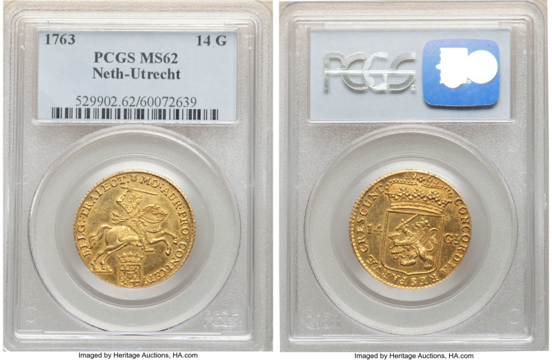 Utrecht. Provincial gold "Golden Rider" 14 Gulden 1763 MS62 PCGS, Utrecht mint, ...