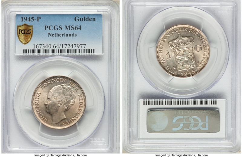 Wilhelmina I Gulden 1945-P MS64 PCGS, Philadelphia mint, KM161.2, Schulman-1056 ...