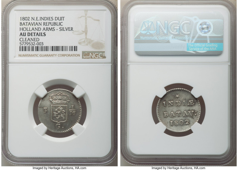 Dutch Colony. Batavian Republic silver Duit 1802 AU Details (Cleaned) NGC, Enkhu...