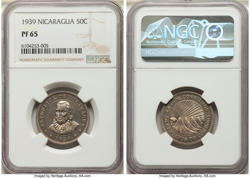 Republic Proof 50 Centavos 1939 PR65 NGC, London mint, KM19.1. Steel-gray copper...