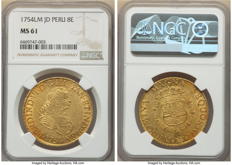 Ferdinand VI gold 8 Escudos 1754 LM-JD MS61 NGC, Lima mint, KM59.1, Cal-767. Thr...