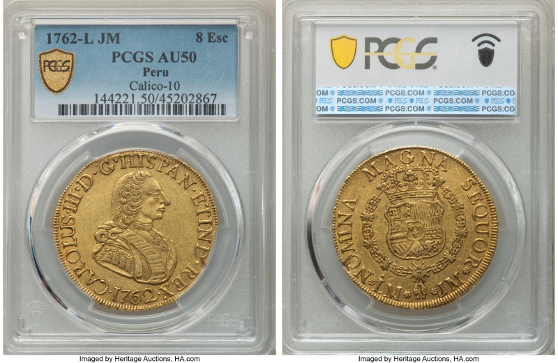 Charles III gold 8 Escudos 1762 LM-JM AU50 PCGS, Lima mint, KM68, Cal-1915, Onza...