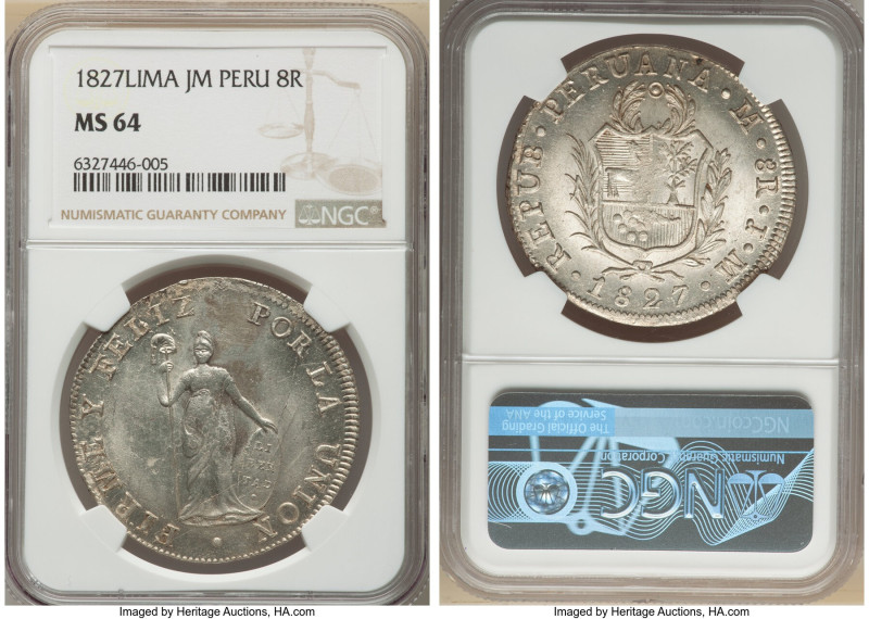 Republic 8 Reales 1827 LM-JM MS64 NGC, Lima mint, KM142.1, Elizondo-102. Tied fo...