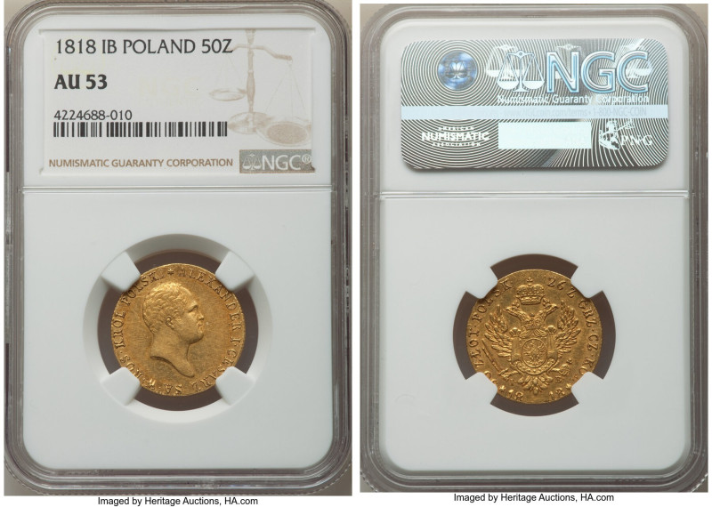 Alexander I of Russia gold 50 Zlotych 1818-IB AU53 NGC, Warsaw mint, KM103, Bit-...