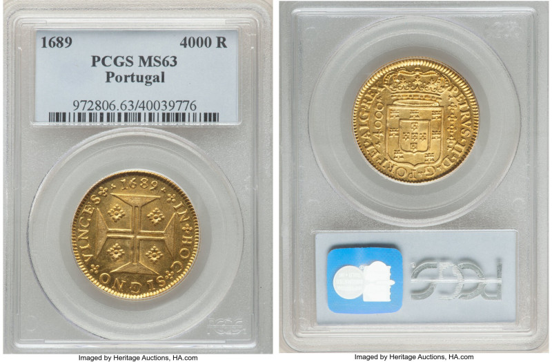 Pedro II gold 4000 Reis 1689 MS63 PCGS, Lisbon mint, KM156, Gomes-99.02. Sun-gol...