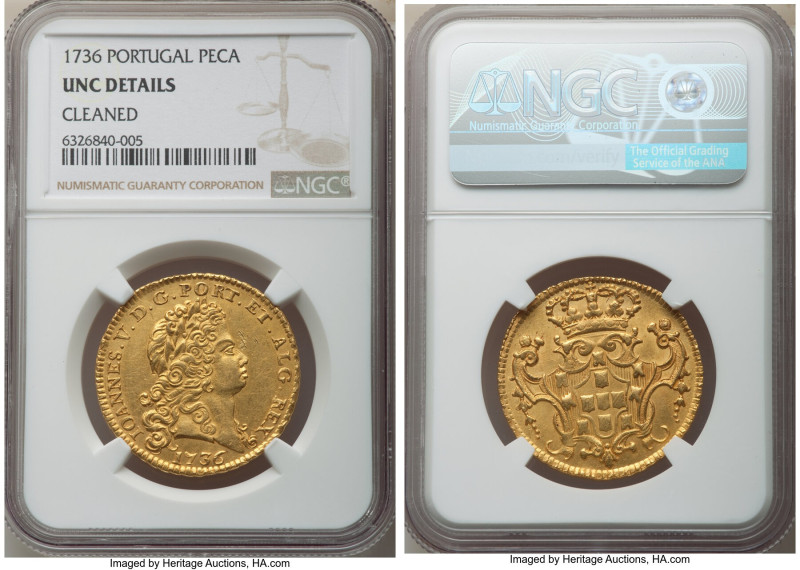 João V gold 6400 Reis (Peça) 1736 UNC Details (Cleaned) NGC, Lisbon mint, KM221....