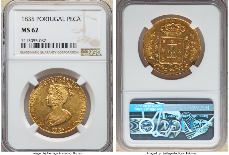 Maria II gold 6400 Reis (Peça) 1835 MS62 NGC, Lisbon mint, KM407, Gomes-19.02. M...