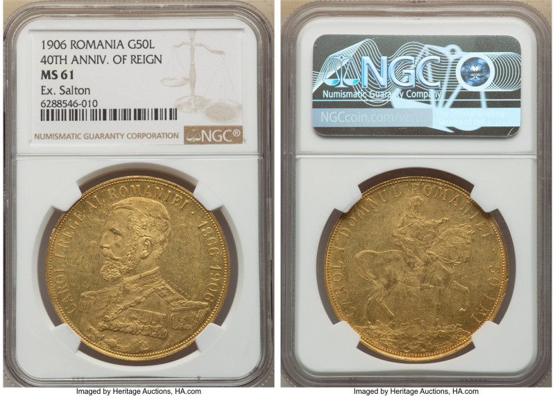 Carol I gold 50 Lei 1906 MS61 NGC, Brussels mint, KM39, Fr-6. Mintage 28,000. An...