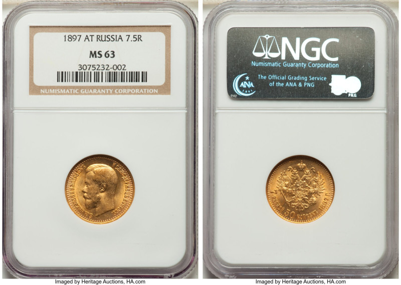 Nicholas II gold 7 Roubles 50 Kopecks 1897-AГ MS63 NGC, St. Petersburg mint, KM-...