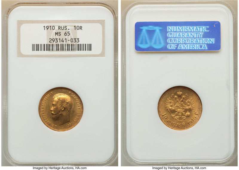 Nicholas II gold 10 Roubles 1910-ЭБ MS65 NGC, St. Petersburg mint, KM-Y64, Bit-1...