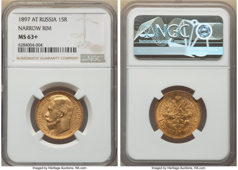 Nicholas II gold 15 Roubles 1897-AΓ MS63+ NGC, St. Petersburg mint, KM-Y65.2, Bi...