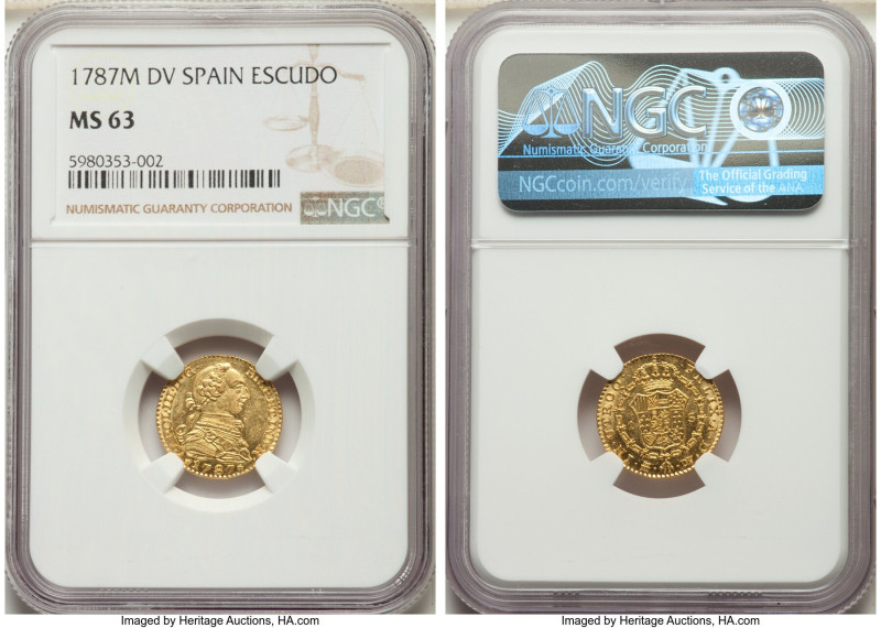 Charles III gold Escudo 1787 M-DV MS63 NGC, Madrid mint, KM416.2a, Cal-1370. The...