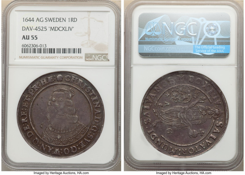 Christina Riksdaler 1644-AG AU55 NGC, Stockholm mint, KM187, AAH-16a, Dav-4525. ...