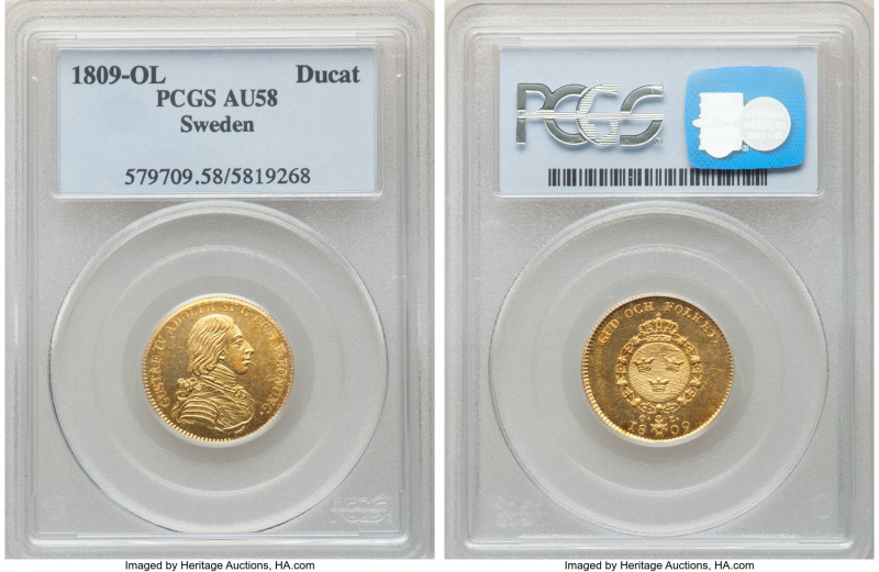 Gustaf IV Adolf gold Ducat 1809-OL AU58 PCGS, Stockholm mint KM542, Fr-77. With ...