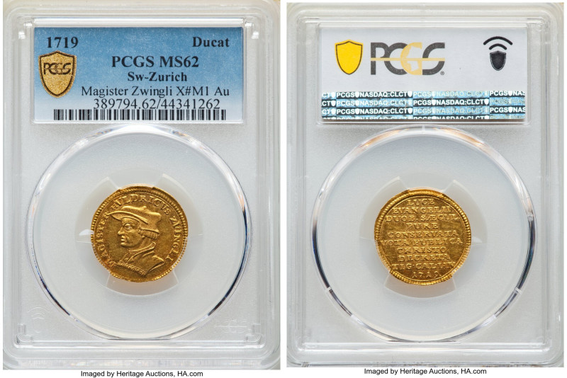 Zurich. Canton gold "Zwingli" Ducat 1719 MS62 PCGS, Zurich mint, KMX-M1, Fr-489....