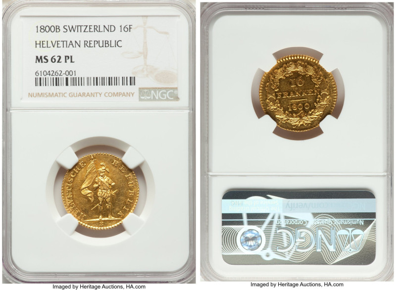 Helvetic Republic gold 16 Franken 1800-B MS62 Prooflike NGC, Bern mint, KM-A12, ...