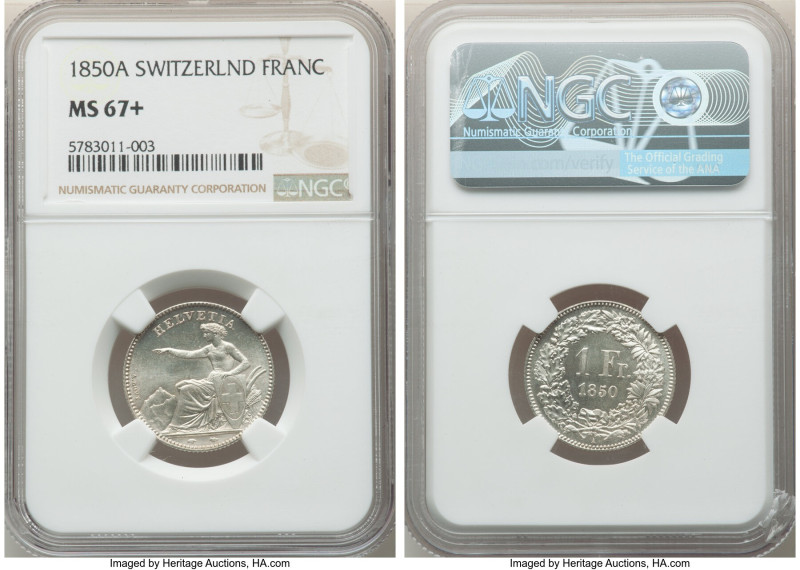 Confederation Franc 1850-A MS67+ NGC, Paris mint, KM9, HMZ-1203a. First year of ...