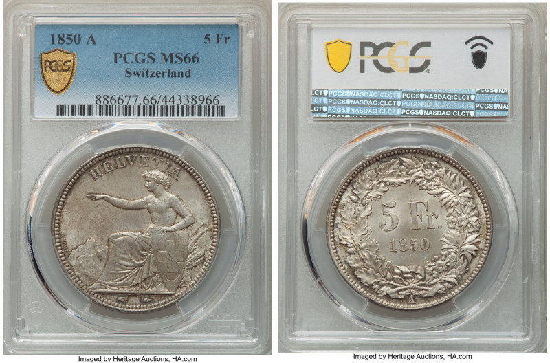 Confederation 5 Francs 1850-A MS66 PCGS, Paris mint, KM11, Dav-376, HMZ-2-1197a....