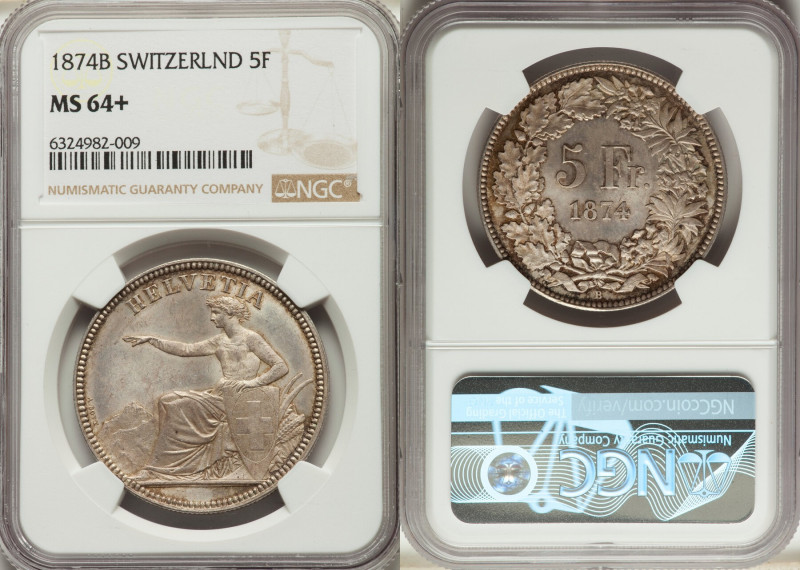 Confederation 5 Francs 1874-B MS64+ NGC, Bern mint, KM11, Dav-376. No dot variet...