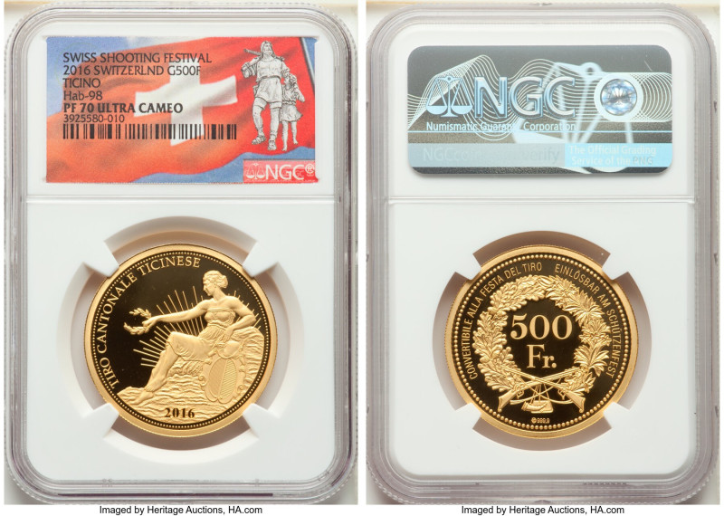 Confederation gold Proof "Ticino Shooting Festival" 500 Francs 2016 PR70 Ultra C...